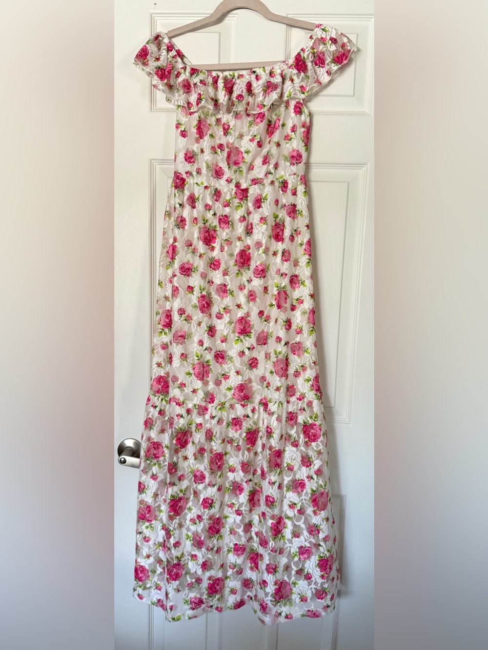 Betsey Johnson Pink Rose Print Off-Shoulder Maxi Skirt